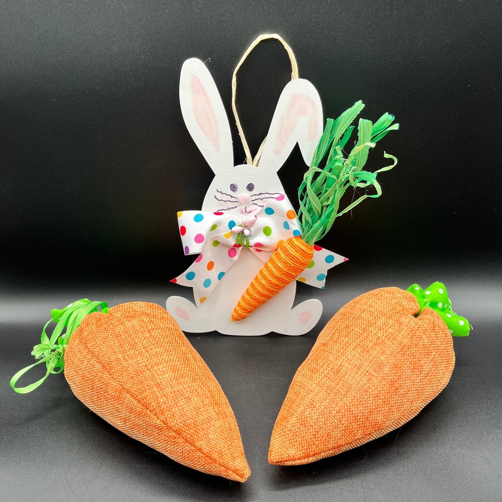 Easter Bunny Wood Hanging Ornament and 2 Plush Fabric Carrots‎ Decor Set 3pc